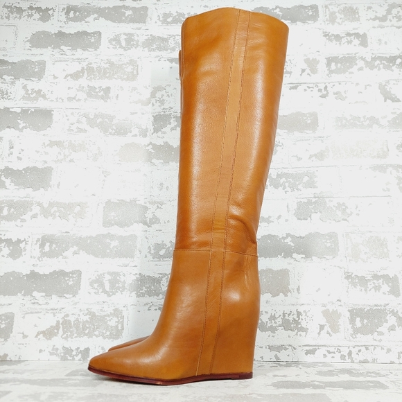 New Vince Camuto Tiasie Brown Leather Wedge Knee High Boots T655 - Picture 1 of 12